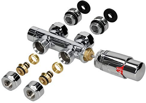 LuxeBath Set de Raccordement Thermostatique Chromé Multiblock Forme de Passage avec Tête Thermostatique pour Radiateur Salle de Bain, Raccord Central au Bas Compatible Chauffage à Eau Design Élégant