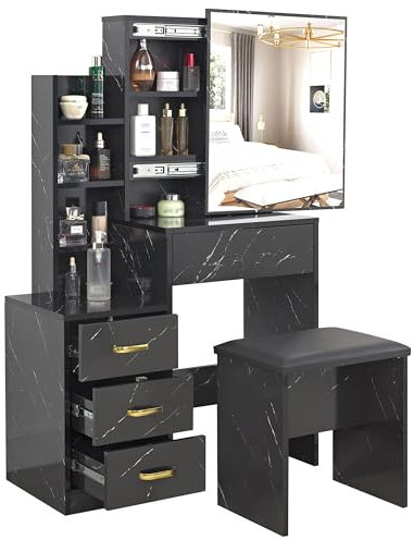 Blisswood Dressing Table with Mirror and Stool, Vanity Desk with 4 Drawer, 3 Open and 3 Hidden Storage Shelves, Modern Makeup Table for Bedroom & Living Room (Marble Black)