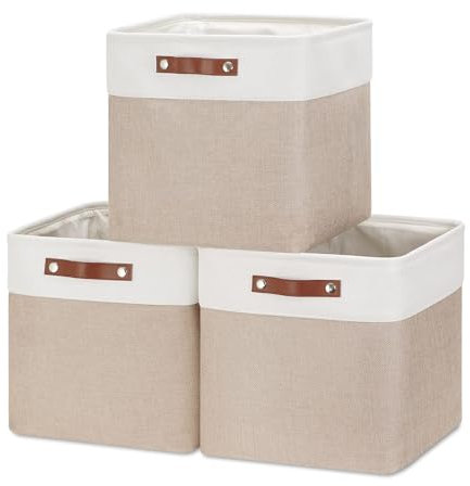 VIIHTYISA Aufbewahrungsbox Stoff, 3er Set Cube 33x38x33cm Aufbewahrungsboxen mit Griff aus Leder-Imitat für Würfelregal, Regale, Kleiderschrank | Khaki&Weiß