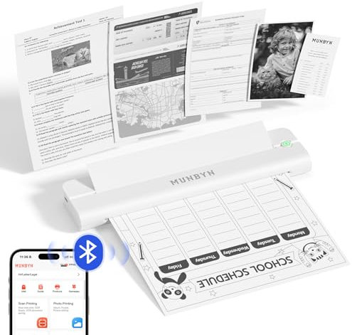 MUNBYN ITP02 Impresora Portátil, Impresora Termica A4 Bluetooth, Compatible con Papel Térmico A4/4''/3''/2'', Impresoras de Viaje Móviles Inalámbricas para Viajar, Doméstico, Oficina, Blanco