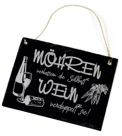 Dekolando Wein Schild - Möhren verbessern die Sehkraft Wein verdoppelt sie - Schild Schiefer graviert Winzer Weinkeller Deko Küche 22 x 16 cm