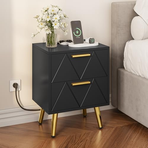 YITAHOME Nachttisch mit 2 Schubladen, 2 USB-Anschlüssen und Steckdosen, Nachtkommode mit Goldenen Metallbeinen und Griffen, Beistelltisch mit Stauraum für Wohnzimmer, Schlafzimmer, 40x30x52cm, Schwarz