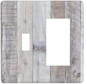 White Gray Wood Wooden Grain 2 Gang Single Toggle/Rocker Combination Light Switch Cover Decorative Combo Wall Plate Cover Electrical Faceplate Room Decor