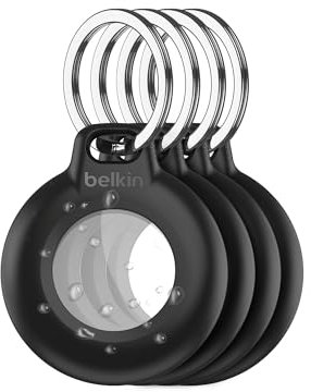 Belkin Secure Holder Funda Impermeable con Llavero para AirTag, Cubierta Resistente y antiarañazos, Accesorio Protector con Anillo para Llaves, Mascotas, Mochilas, Maletas y Otros, Negro 4 Unidades