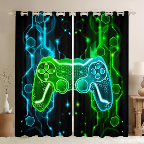 Homemissing Kinder Spieler Fenstervorhang 175x140cm Spiel Controller Vorhänge für Jungs Gaming Geschenke Blickdichte Vorhänge Gamepad Muster Grün Teal Blau Gardinen für Schlafzimmer Wohnzimmer