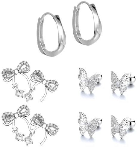 WUMZIRA 5 Paar Ohrringe Silber Damen, 925 Silber Huggie Creolen Ohrstecker Gold Piercing Ohr Silber Ohrlöcher, Hypoallergene Silber Ohrringe Damen Mädchen