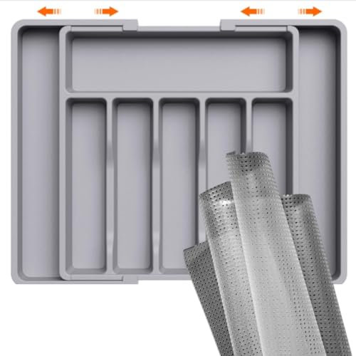 Organizador de Cubiertos Ajustable que Incluye Forro Antideslizante 45x150 cm - Cubertero Extensible para Cajón, Separadores de Plástico para Utensilios de Cocina, Ideal para Armarios y Cajoneras