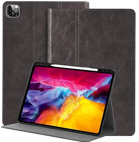 NANRUIL Leder Hülle für iPad Pro 12,9″ 6./5./4./3.Gen 2022/2021/2020/2018 | Echtes Leder Huelle,Tablet Schutzhülle Case Cover,mit Stifthalter und Auto Wachen/Schlafen.Grau