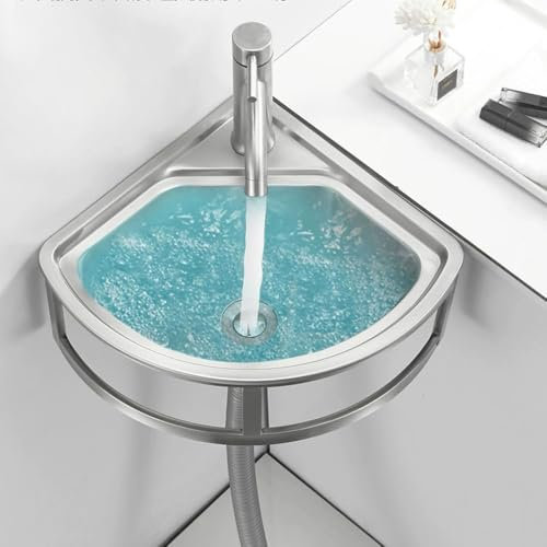 Lavello angolare da parete per bagno, 455x390 mm Lavabo da cucina Vasca Singola con Troppopieno Lavabo In Acciaio Inossidabile Lavamani per Ristorante