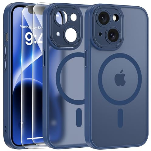 FLLAO Funda para iPhone 14, Compatible MagSafe, con 2 Piezas Protector de Pantalla Cristal Templado, [Protección de Cámara] Magnética Carcasa Translúcida Mate Trasera Fina Antigolpes, Azul Navy