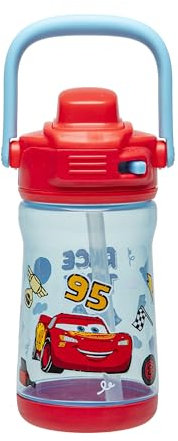Zak Designs Disney Pixar Cars Beacon Kid Water Bottle for Travel or At Home, 12oz Plastic is Durable and Leak-Proof with Liquid Lock Spout, Cover, Carry Handle, Protective Base (Lightning McQueen)