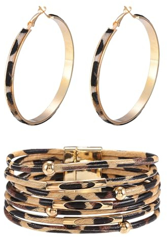 FDGGT 1 Armband Mit Leopardenmuster Und 1 Paar Ohrringe Mit Leopardenmuster, Mehrschichtige Armbänder, Erarmbänder, Vintage-Schmuck, Bekleidungsaccessoires