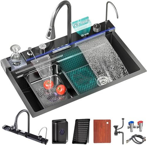 Waterfall Sink with Cup Washer, soap Dispenser, rain Waterfall, LED Display - Multifunctional Digital Display Sink with Table Control for Kitchen