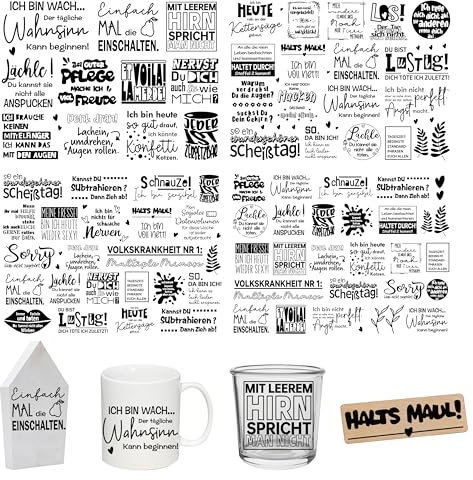 FloraVigo Rub On Sticker ca.A5 19x14cm-Spruch Deko zum Geburtstag, Keraflott, Hochzeit, Zuhause, Wischfolie für Möbel, Glas, Holz, Fotoalbum, DIY Deko, Aufkleberästhetik(4PCS) (FRECHE SPRÜCHE)