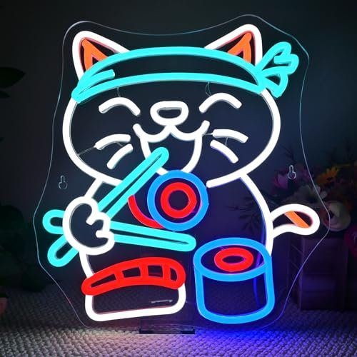 LUCUNSTAR Sushi Cat Néon,USB Alimentée par Enseignes Lumineuses LED Enseigne Lumineuse,Luminosité Réglabl Néon,Convient Pour Restaurants,bars à sushis,magasins et clubs