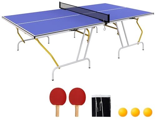 SPORTNOW Mesa de Ping-Pong Plegable Mesa de Tenis de Mesa Diseño Compacto con Red Reposapiés Ajustables y Marco de Acero para Interior y Exterior 274x152,5x76 cm Azul