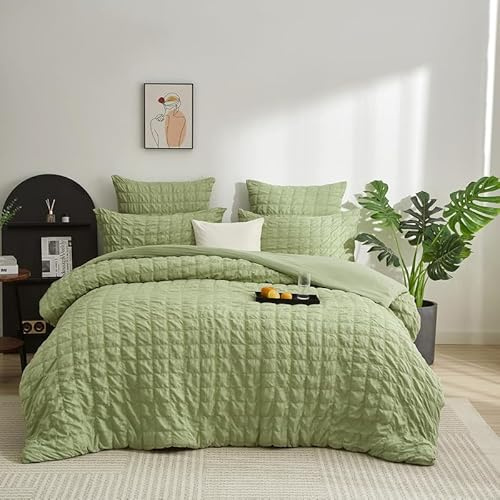 Gezu Biancheria da letto in seersucker, 155 x 220 cm, verde, a quadretti, in seersucker estiva, traspirante, rinfrescante, moderna, romantica, reversibile, set copripiumino da 155 x 220 cm e 2 federe
