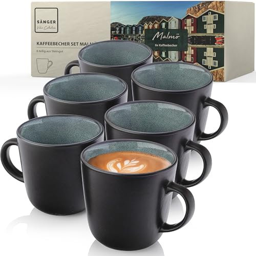 SÄNGER Malmö | Kaffeebecher 6 Personen, Steingut Kaffeetassen Set 6er, Tassen Set Teetasse Set spülmaschinenfest mikrowellenfest, Coffee Mug grün mit schwarzem Rand 420 ml | VALUE COLLECTION
