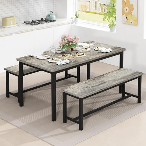 HOOSENG Dining Table Set with 2 Benches, Dining Room Table and Rustic Benches for 4, Corner Dinner Table(110 * 60 * 74 cm) and Kitchen Bench(98 * 30 * 43.5 cm) for Home Furniture