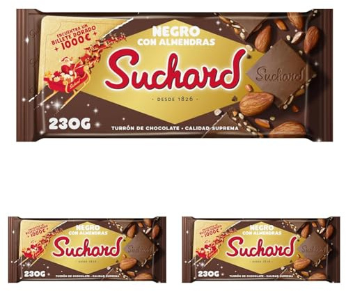 Suchard Tableta de Turrón de Chocolate Negro con Almendras y Arroz Inflado 230g (Paquete de 3)