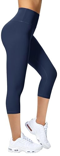 Enjoyoga Leggings Damen 3/4 mit Innentasche - High Waist Sporthose Laufhose für Sport Yoga Gym -05(L-XL, Blau)