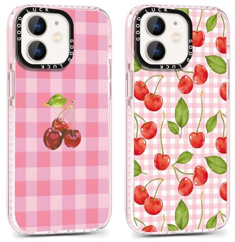 Foonary 2 Pack Transparent Pink Cherry Grid Print Phone Case for iPhone 11 6.1,Soft Silicone with Design Aesthetics Clear Pattern Cases, Shockproof Bumper Protector Girls Women Cover