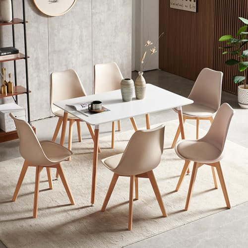LafeuR Esszimmergruppe Esstisch mit 6 Stühlen Essgruppen, 110cm Rechteckig Küchentisch und 6er Set Esszimmerstühle Sitzgruppe für Wohnzimmer Küche Büro(Weiß Tisch+6 Helles Khaki Stühle)