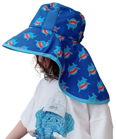 KASESSS Chapeau Anti UV Enfant Requin, Chapeau de Soleil Enfant Unisexe, Casquette Protège-Nuque Enfant Respirant, Casquette Piscine Enfants pour Plage Piscine pour Filles Garçons (Bleu)