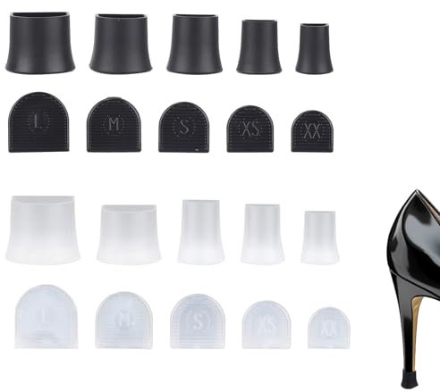 20 Pcs High Heel Protectors, 5 Sizes Stiletto Stoppers & Repair Cap for Shoes Women High Heels Anti-Slip Heel Covers for Outdoor Activities Wetland Grass Gravel (Black, Transparent)