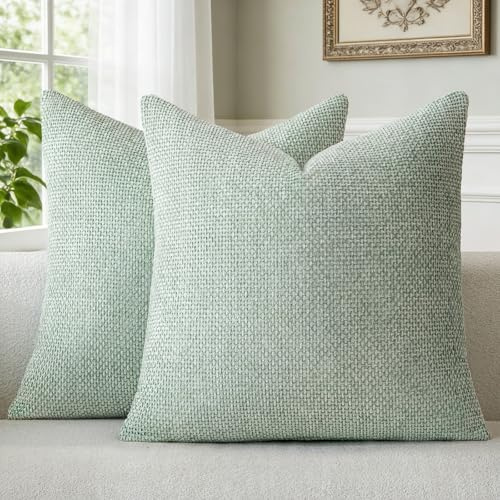 a moment Kissenbezug Hellgrün 45x45 Chenille 2er Set Weiche Kissenbezüge | Dekokissen Sofakissen Couchkissen Zierkissenbezug Waschbar Flauschig Kissenhülle für Sofa Bett Wohnzimmer Schlafzimmer