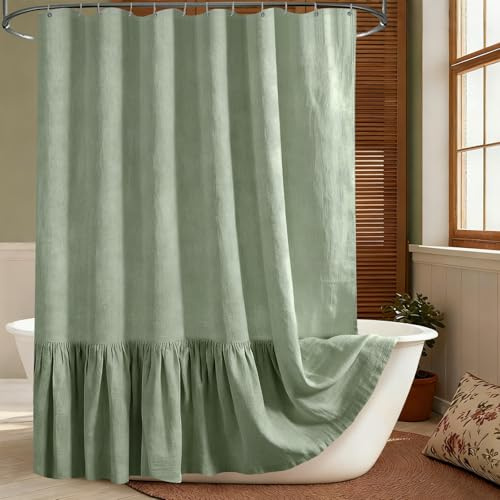 Carttiya Rideau de Douche en Lin Vert 180x200 cm – Imperméable, Antimoisissure & Antibactérien, Tissu Épais 180GSM avec Ourlet lesté Lourd, Lavable Rideau de Douche, avec 12 Crochets