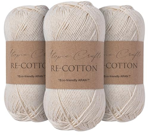 Utopia Crafts Re-Cotton Lot de 3 pelotes de fil à tricoter Crème 100 g