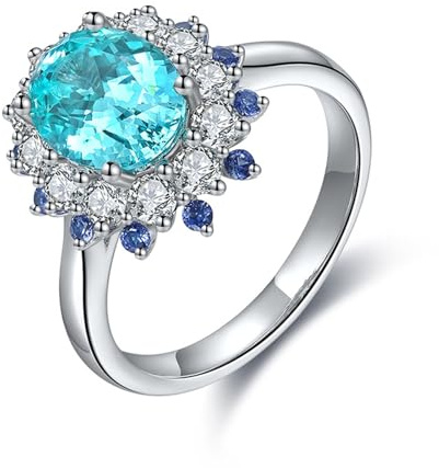 Skcess Bague en argent sterling pour femme, tourmaline synthétique Paraiba bleu lac, bague pour petite amie, tournesol avec tourmaline paraiba artificielle 3,09 carats, Taille 50 (Ø 15,9 mm