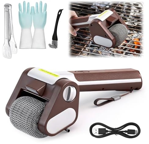 Feelhap Elektrischer Grillreiniger Borstenfrei, Kabellos Elektrische Grillbürste Wiederaufladbar BBQ Powerbürste 304 Edelstahl Grillbürste, Reinigungsbürste Elektrische mit LED-Licht,350 U/min Sauber