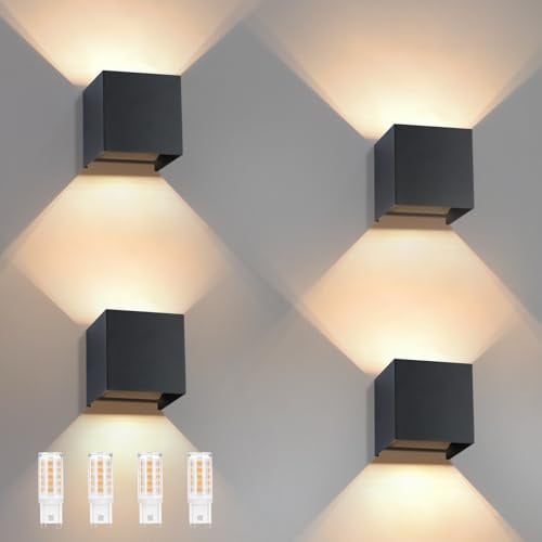 Laittiin LED Wandleuchte Aussen Wandlampe 4ER Außenwandleuchte Schwarz | Wasserdicht Aussenlampe Up Down Wandleuchten Innen mit Austauschbarer G9 Flurlampe für Wohnzimmer Hauswand Treppenhaus