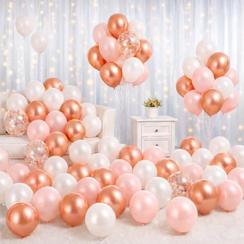 Metallic Rose Gold Balloon Decoration Kit 62pcs – Rose Gold, White & Pastel Pink Balloons with Confetti | Elegant Birthday Decor for Women & Teens | Balloon Bouquet for Baby Shower & Hen Party