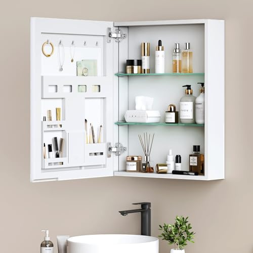 EMKE Spiegelschrank Bad 50×65×14,5 cm aus Aluminium, Weiß Matt, Tür mit Aufbewahrung, 2 verstellbare Glasböden, Soft-Close, vormontiert & rostfrei, Badezimmer Spiegelschrank zur Wandmontage