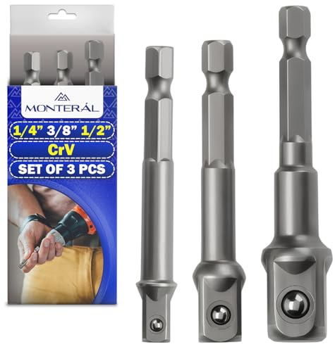 3 Stück Stecknuss Adapter Set 1/4 3/8 1/2 für Bohrmaschine und Schraubendreher - Steckschlüssel Adapter mit 1/4 Sechskantschaft - Hergestellt aus Legiertem Chrom-Vanadium-Stahl CrV - MONTERAL