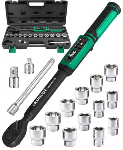 Uharbour Digitaler Drehmomentschlüssel 3/8 Zoll, 6,8-135 Nm Drehmomentschlüssel Motorrad, 16-teiliges Set mit Stecknüssen, Verlängerungen & Adapter, ±1% Fehlergenauigkeit