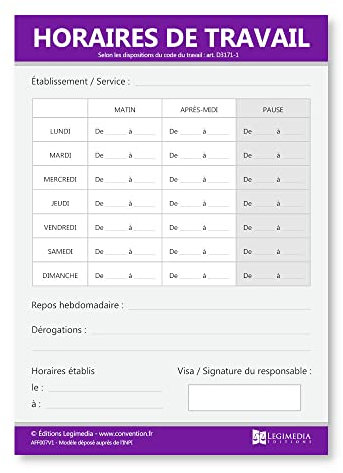 Horaires de travail en entreprise - Panneau d'affichage - Plastifié et effaçable - Kit de fixation inclus (pastilles adhésives) - Fabriqué en France