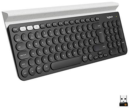 Logitech K780 Kabellose Tastatur, Bluetooth & 2.4 GHz Verbindung, Multi Device & Easy-Switch Feature, Integrierte Halterung, PC/Mac/Tablet/Smartphone, Niederländisches QWERTY-Layout - Dunkelgrau/Weiß