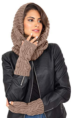 likemary Winterhandschuhe Damen – Fingerlose Merinowolle Handschuhe – Warme Pulswärmer – Hypoallergen & Handgemacht – Ethische Zopfmuster Mokka