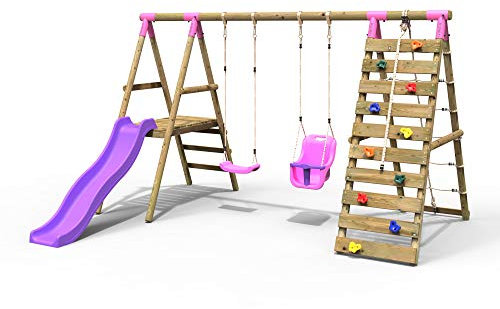 Rebo® Wooden Swing Set with Deck and Slide Plus Up and Over Climbing Wall - Moonstone Pink | OutdoorToys | Sturdy Wooden Construction, Pressure Treated Timber