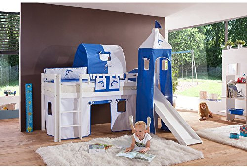 Relita Spielbett mit 4tlg. Stoffset weiß/blau, Buche massiv weiß lackiert