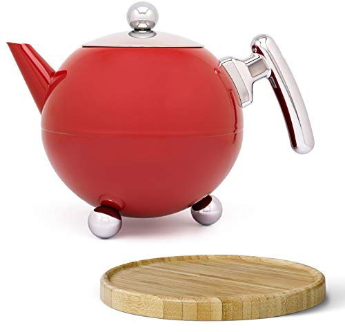 Bredemeijer Bella Ronde Edelstahl-Teekannen-Set 1,2 L – Doppelwandige Edelstahlkanne in Kugelform mit Füßen, rot – Mit braunem Untersetzer, ohne Siebeinsatz, ideal für Teebeutel & losen Tee