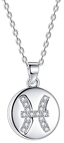 J.Endéar Sternzeichen Fische Kette Silber 925 Halskette Runde Scheibe AAA Zirkonia Anhänger für Damen Mädchen 40 + 5cm verstellbar