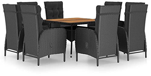 vidaXL Akazienholz Gartenmöbel 9-TLG. Sitzgruppe Gartengarnitur Gartenset Sitzgarnitur Esstisch Gartentisch Gartensessel Sessel Poly Rattan Schwarz