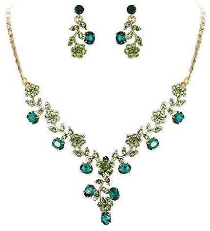 Ever Faith Bridal Jewellery Set Rhinestone Crystal Floral Leaf Vine Wedding Necklace Earrings Sets for Women Emerald Green Gold-Tone