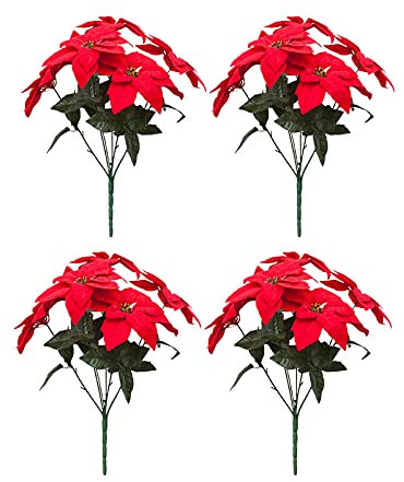 QYLJZB Künstlicher Weihnachtsstrauß mit 7 Köpfen, Rot, fühlt sich echt an, künstliche Blumen, Weihnachtsstern, Büsche, Seidenstoff, Pflanzen für Zuhause, Veranda, Weihnachtsbaumschmuck, 4 Stück