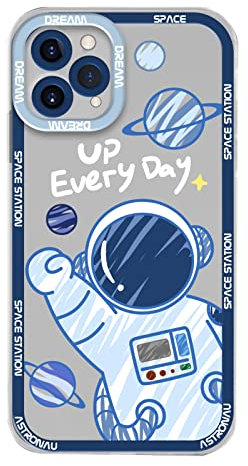 Yonds Queen Schutzhülle für iPhone 12, niedlich, transparent, Coole Cartoon-Astronauten, Weltraumplaneten, Mond-Design, stilvoll, weich, TPU, stoßfest, rutschfest, Schutzhülle (iPhone 12, Traumblau)